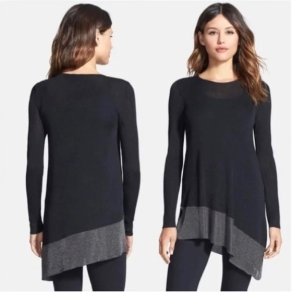 Eileen Fisher Metallic Border Asymmetrical Black and Silver Long Sleeve Tunic - Picture 1 of 6